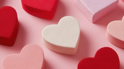 Fototapeta premium Assortment of heart-shaped makeup sponges in various pastel and red shades on pink background