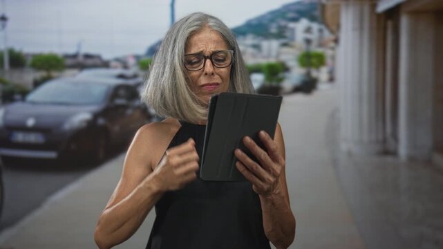 Woman holding tablet, squinting and raising hand to adjust glasses on street; reading device frustration.