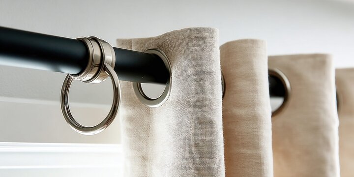 Close-up of modern beige grommet curtains hanging on a matte black metal rod with polished rings