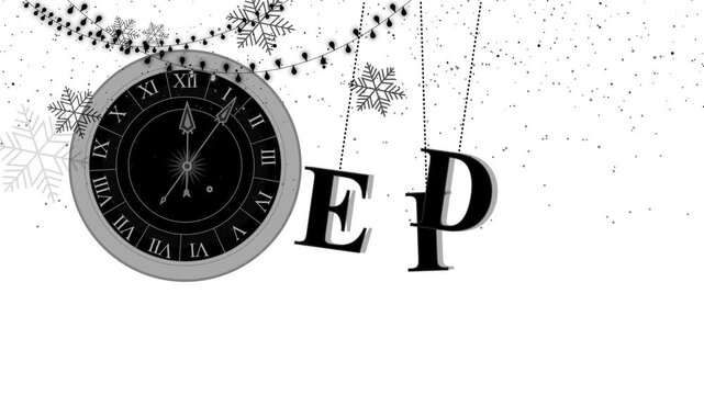 Vintage clock and Eid snowflakes on midnight background animation