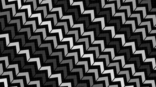 Diagonal zigzag pattern over dark grid background, geometric abstract tech design animation