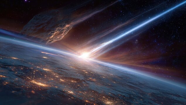 A cosmic scene unfolds as celestial objects streak across a colorful atmosphere and toward the edge of a planet
