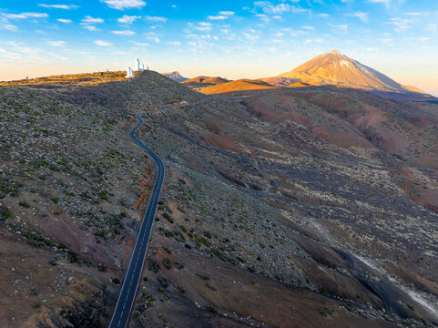 The TF-24 road runs past the Teide Observatory in Teide National Park. Aerial photo.