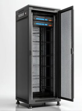 Tall, open-doored, dark-grey metallic cabinet reveals shelves with mounted electronics, showcasing interior structure. Bright background