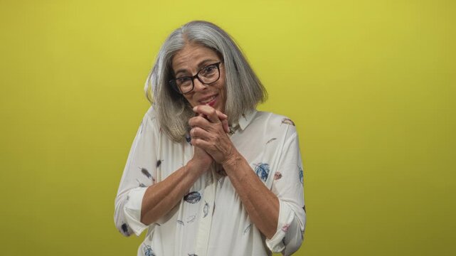 Woman with grey hair and glasses clapping hands in yellow studio, middle aged wearing a patterned white shirt and warm smile; joyful.