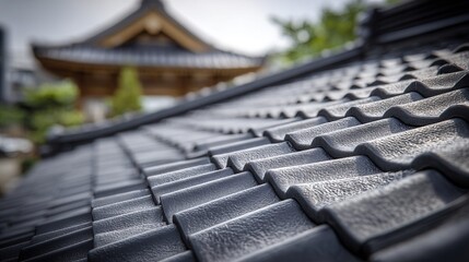 Close-up view of traditional Japanese temple roof tiles with a pagoda in the background