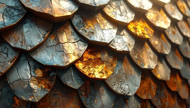 Close-up of metallic scales, primarily golds and blues, evoking dragon skin or armor. Textures play with light, creating a detailed and textured surface