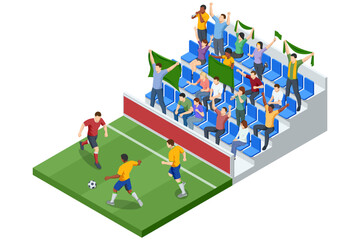 Fototapeta premium Isometric football stadium crowd cheering during soccer match with fans waving flags. Sport supporter celebration. Championship competition, teamwork, training and professional stadium sport event.