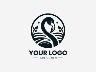 Obraz premium Black logo design featuring a swan in a circular frame with floral elements on a white background.