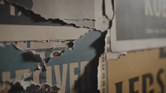 Damaged Wall with Torn Posters and Debris.