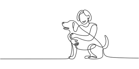 Continuous line drawing of woman happy pet lover with dog. Young female enjoy playing with her cute dog linear sketch isolated on white background. Friendship about human and pet animal concept © Creative Tania