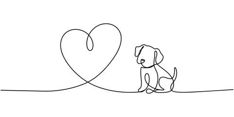 Continuous line drawing of cute dog with heart minimalist one line art pet love illustration isolated on white background © Creative Tania