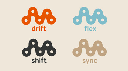 An abstract graphic design showcases four interconnected circular shapes each paired with a corresponding text label drift flex shift and sync high quality professional detailed modern © Iconhub