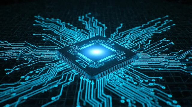 Digital processing unit with glowing circuits, symbolizing data generation, artificial intelligence, and advanced computing technology powering the future of innovation