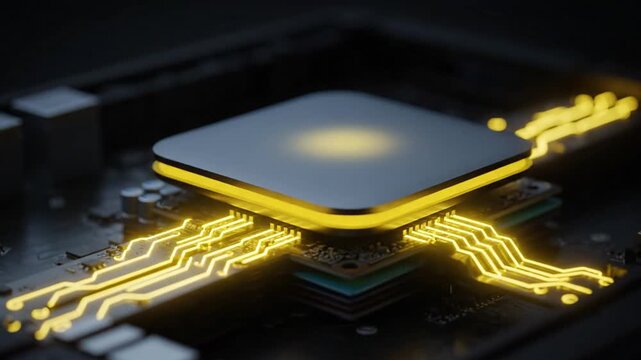 Advanced central processing unit glowing with digital energy, visualizing rapid data flow, intelligent computing, and the intricate architecture of future tech innovation