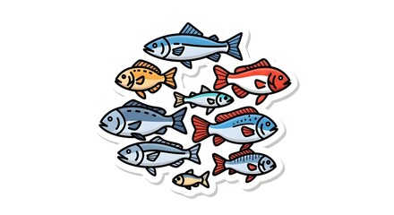 Fototapeta premium Colorful Cartoon Fish Swimming Together.