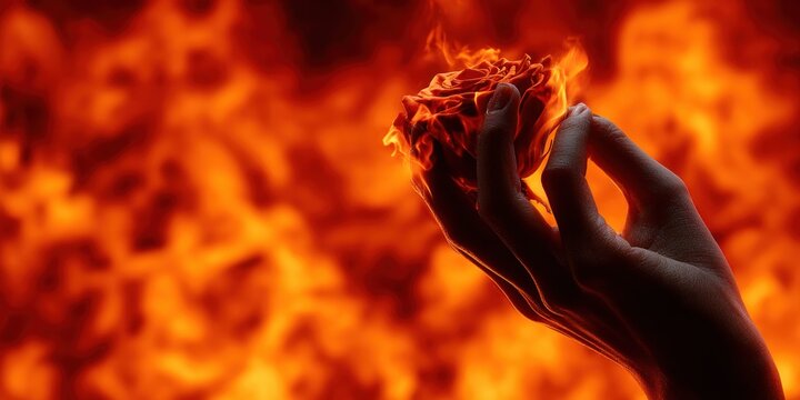Hand holding a rose engulfed in flames against a fiery background
