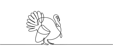 Male wild turkey continuous one line drawing, One continuous line.Turkey bird. Holiday symbol. Thanksgiving Day. One continuous line on a white background, turkey bird single line drawing vector, pro. © Creative Tania