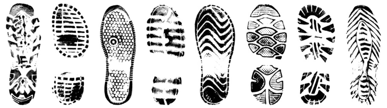 Shoe sole prints. Set of shoe print textures. Vector silhouette