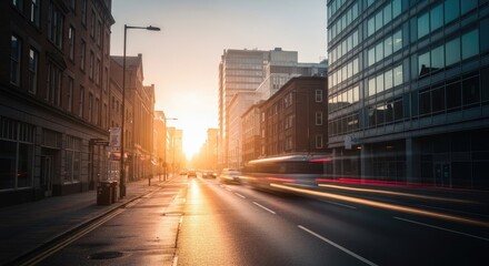 Fototapeta premium City Street at Sunset - A Golden Hour.