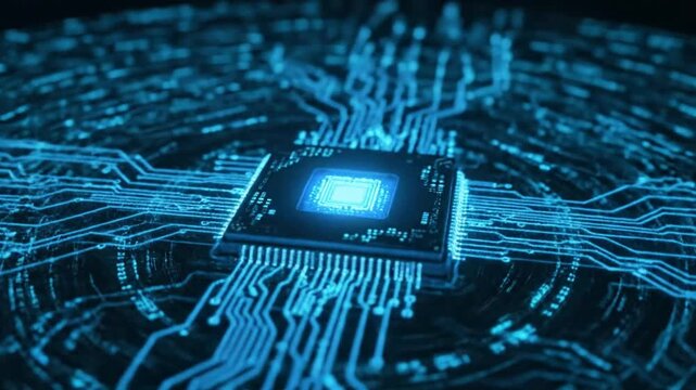 Dynamic glowing data pathways on a central processor unit, visualizing advanced computing, interconnected networks, and the future of digital technology and innovation