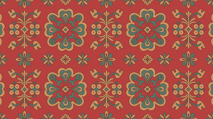 A seamless pattern features repeating floral and geometric motifs in muted teal gold and coral tones against a red backdrop high quality professional detailed modern elegant