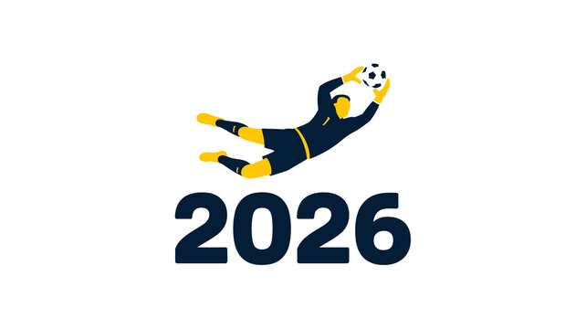 A stylized illustration depicts a soccer goalkeeper diving to save a ball accompanied by the bold number 2026 high quality professional detailed modern elegant stylish clean