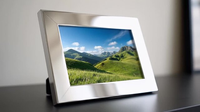 Digital Picture Frame Displaying Serene Landscape.