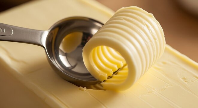 Close-up of a Butter Curl on a Spoon with a Block of Butter.