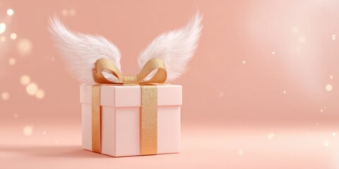 Naklejka premium Delicate pink gift box with golden ribbon and soft white angel wings, festive background