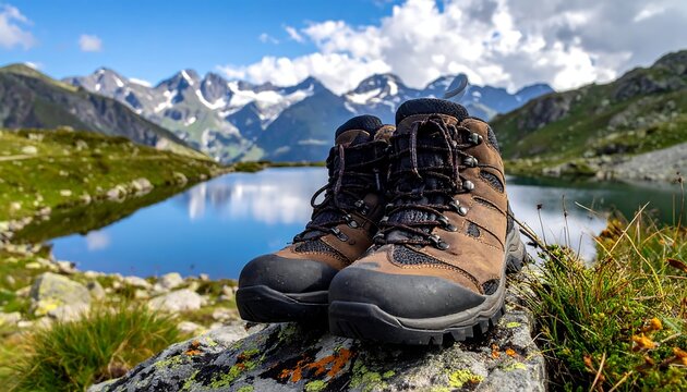 Hiking boots sit on a rock, overlooking a serene lake and majestic, snow-capped mountains under a partly cloudy sky