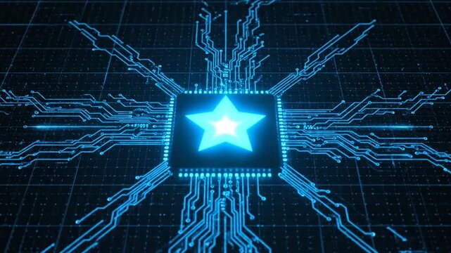 Glowing blue star at the heart of an advanced circuit board, symbolizing peak performance, digital innovation, and core technological excellence in a connected network