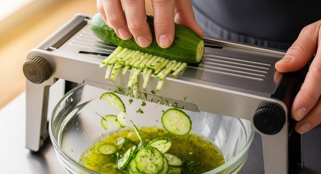 Close-up of hands using a mandoline slicer to julienne a cucumber over a bowl of salad dressing.