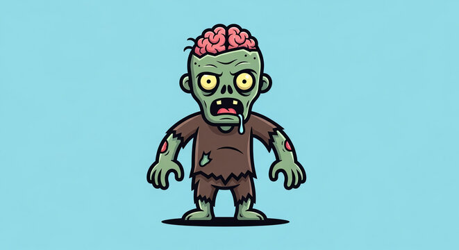 Cute cartoon zombie with exposed brain and drool, isolated on blue background