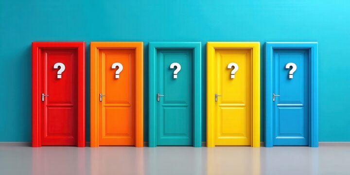 Five colorful doors with question marks, representing choices and uncertainty