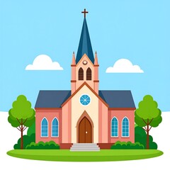 Naklejka premium Cartoon illustration of a church with a cross, trees, and blue sky