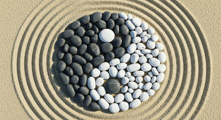 Naklejka premium Zen Garden Yin Yang Symbol Made of Stones on Sand with Raked Circles