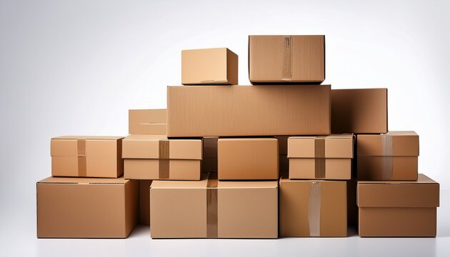 a stack of multiple cardboard boxes in a white background for various packaging and shipping purposes