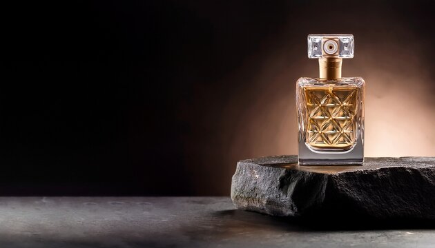 a luxury glass or crystal perfume bottle on the stone platform display background in dramatic studio lighting theme as wide banner with copy space area