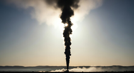 Industrial smoke stack emitting dark smoke against a bright sun and sky