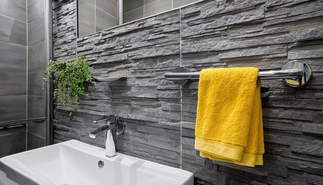 bathroom with gray stone tile walls and chrome towel hooks a yellow towel is hanging