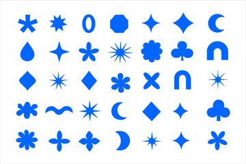 Collection of blue geometric shapes and abstract symbols on white background