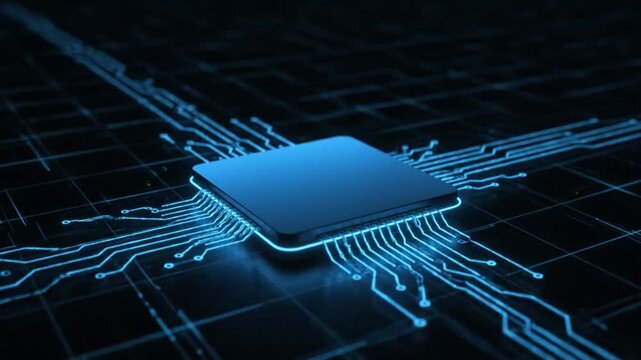 Futuristic microchip processing intricate data pathways on a glowing circuit board, symbolizing advanced computing, artificial intelligence, and the evolving digital landscape of modern technology