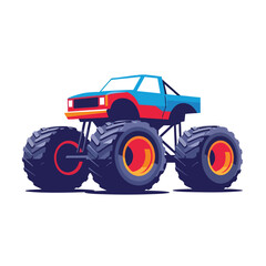 A vector illustration of a monster truck with large tires and a blue body, presented on a white background. Perfect for graphic resources, vehicle designs, and monster truck vector