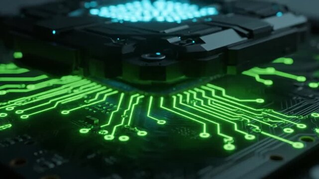 Close-up of a glowing futuristic computer chip with intricate circuitry and a powerful central processor, representing advanced technology and artificial intelligence