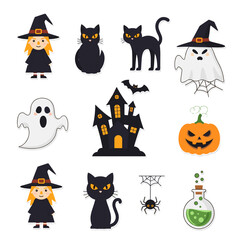 Halloween icon set with pumpkin cat bat ghost witch hat spider moon and owl in a spooky cartoon vector illustration collection