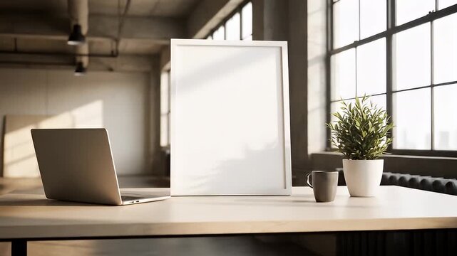 Modern Office Desk with Laptop and Plant.