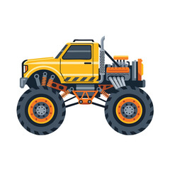 Fototapeta premium A vibrant yellow monster truck vector illustration with large black tires and orange accents, set against a white background. Perfect for automotive designs, posters, and children's books.