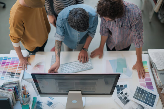 Overhead view of three designers reviewing vibrant color palettes and swatches beside  desktop computer.