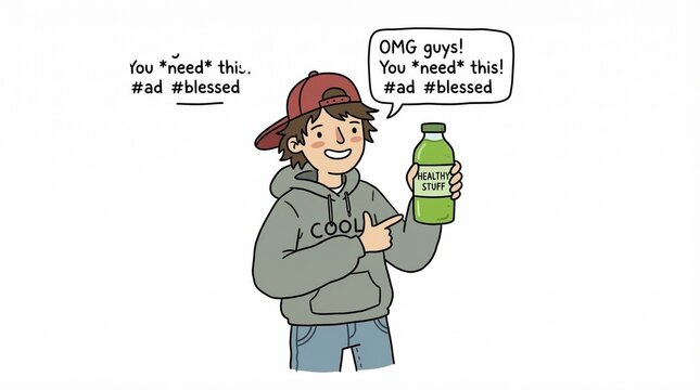 A young man enthusiastically recommends a drink from a green bottle in an illustration setting.